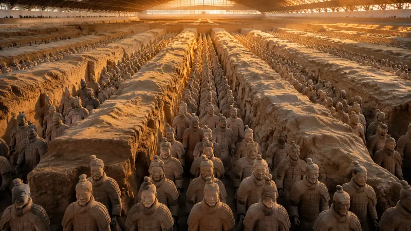 Terracotta Warriors in Xi'an under golden October autumn light