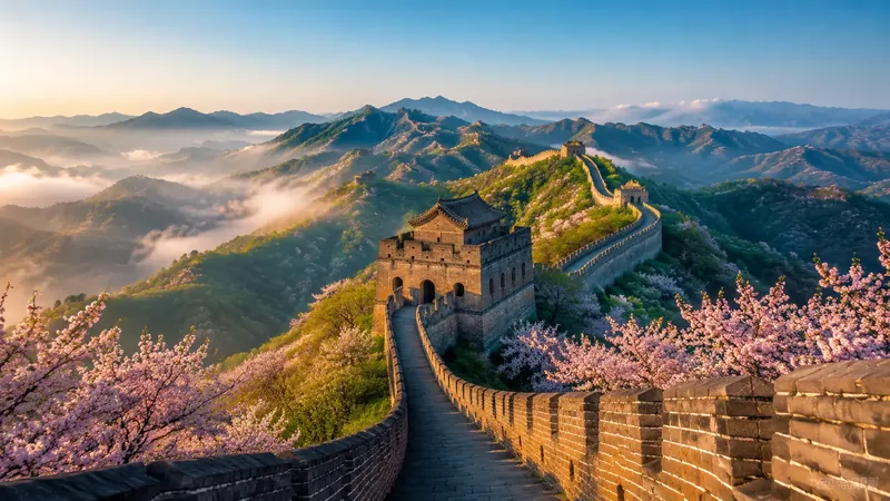The Great Wall at Mutianyu with cherry blossoms in April spring