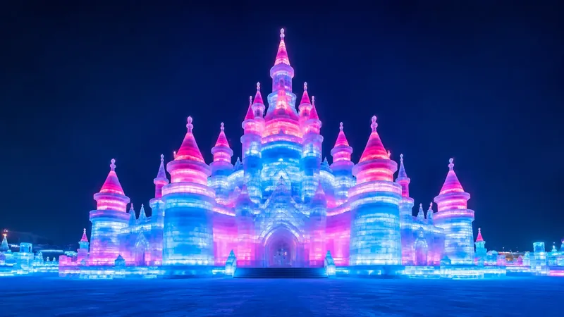 Illuminated ice castle at the Harbin Ice and Snow Festival in January